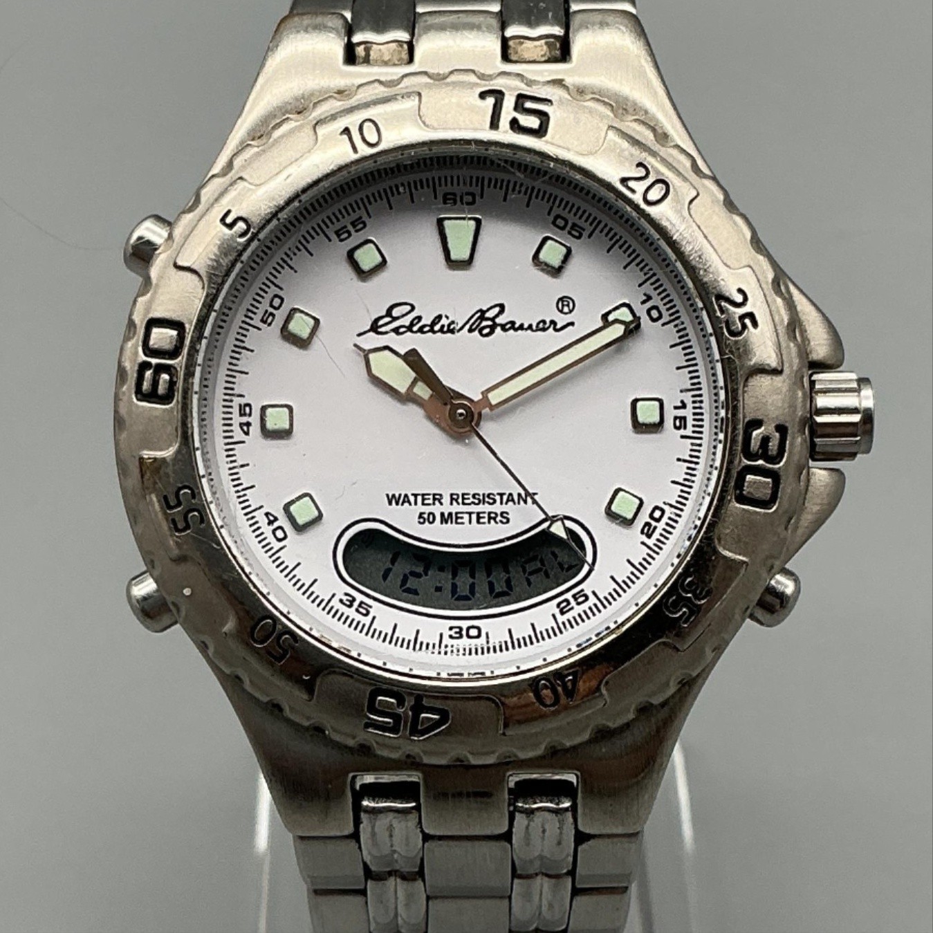 Eddie Bauer 3784 Mens Watch 38mm Silver Tone Stainless AnaDigi New Battery 6.75″