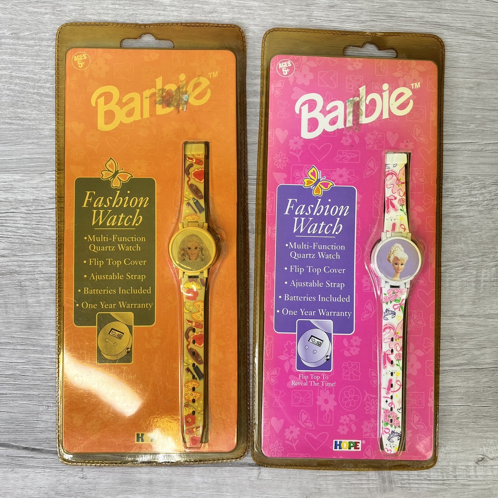 2 Vtg Barbie Watch Fashion Quartz Wristwatch Flip Top Cover 1995 Unopened