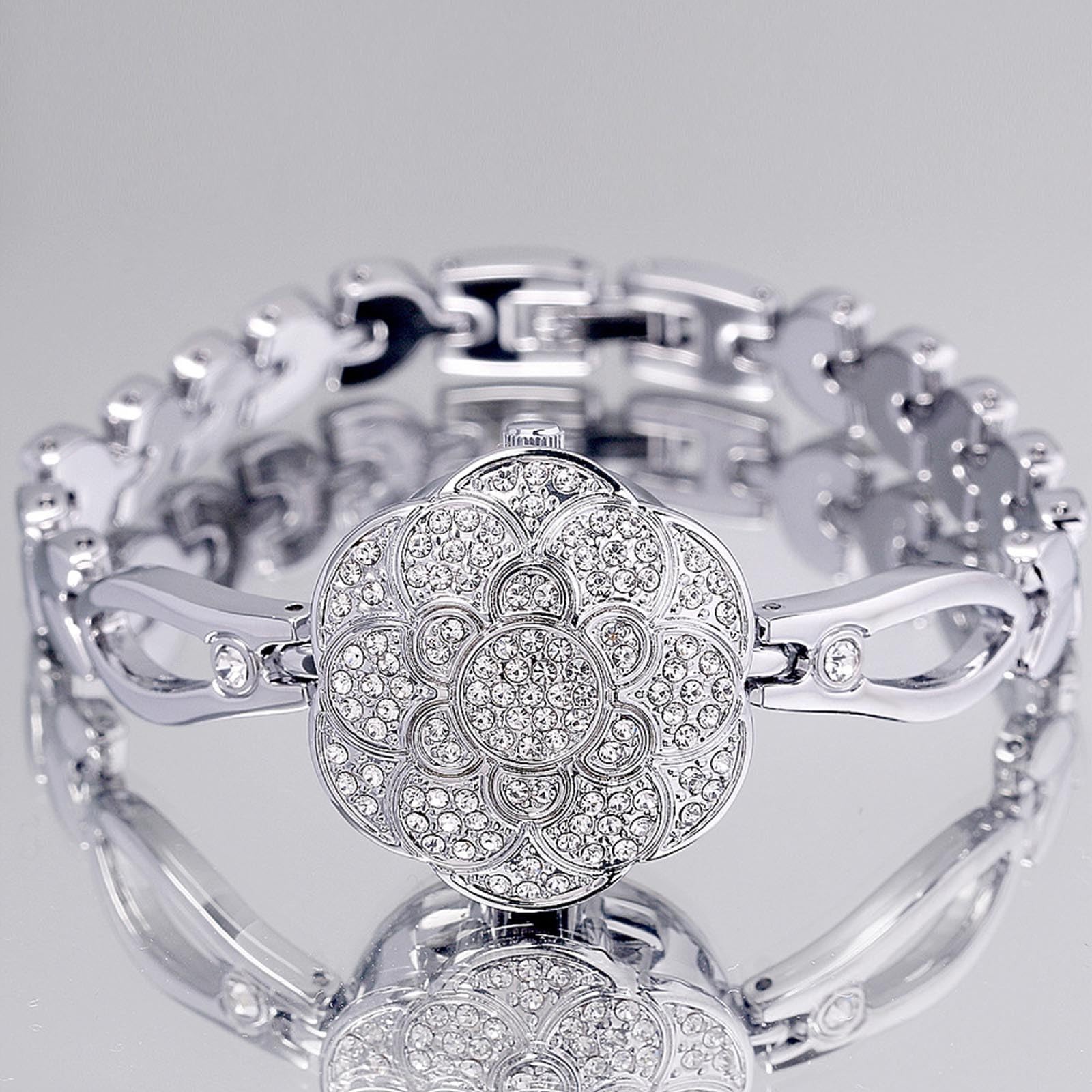 Dacdyi Elegant Women’s Crystal Flower Flip Cover Watch Luxury Bracelet Dress …