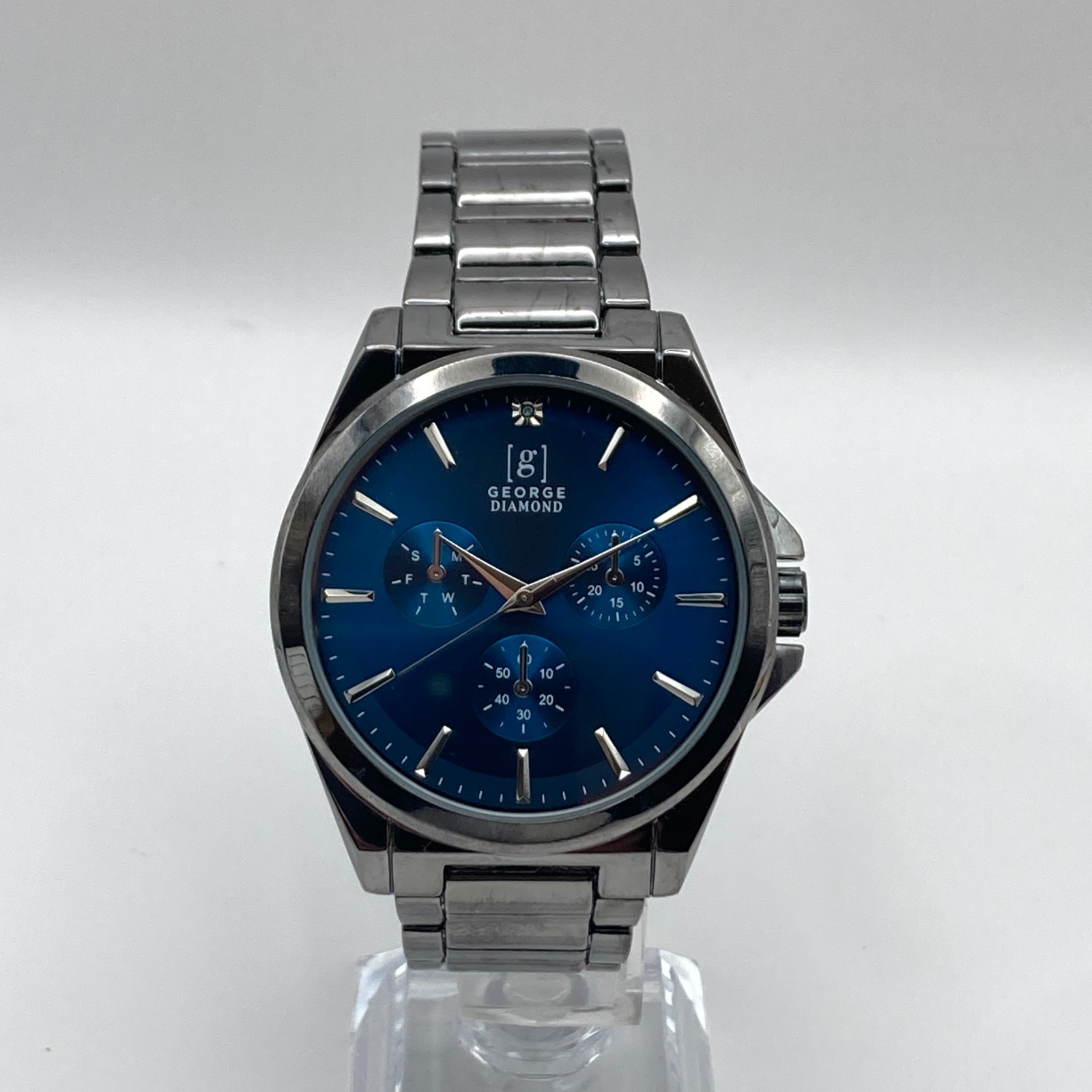 George Mens Watch 43mm Gunmetal Gray Blue Dial New Battery 8.25″