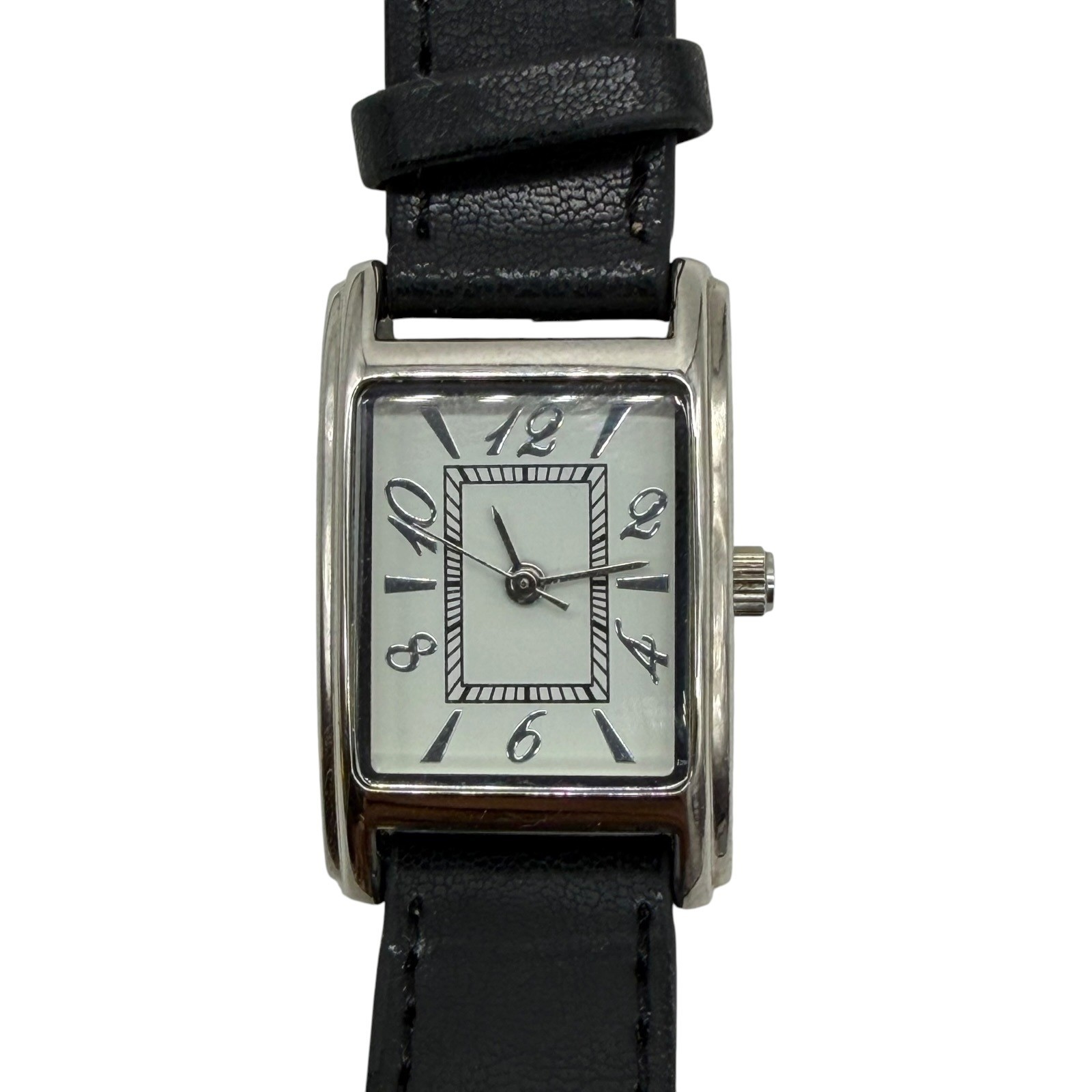 Double Wrap Strap Watch Silver Tone Rectangle Case Black Band