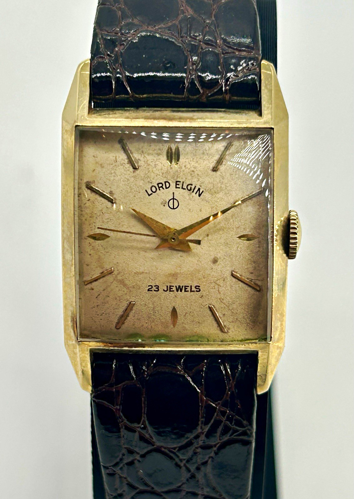Vintage Lord Elgin 23J Cal. 750 14K Gold Filled Tank Watch 1950s Runs 24mm