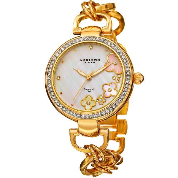 Akribos XXIV AK874YG Diamond Markers MOP Flower Dial Crystal Bezel Womens Watch