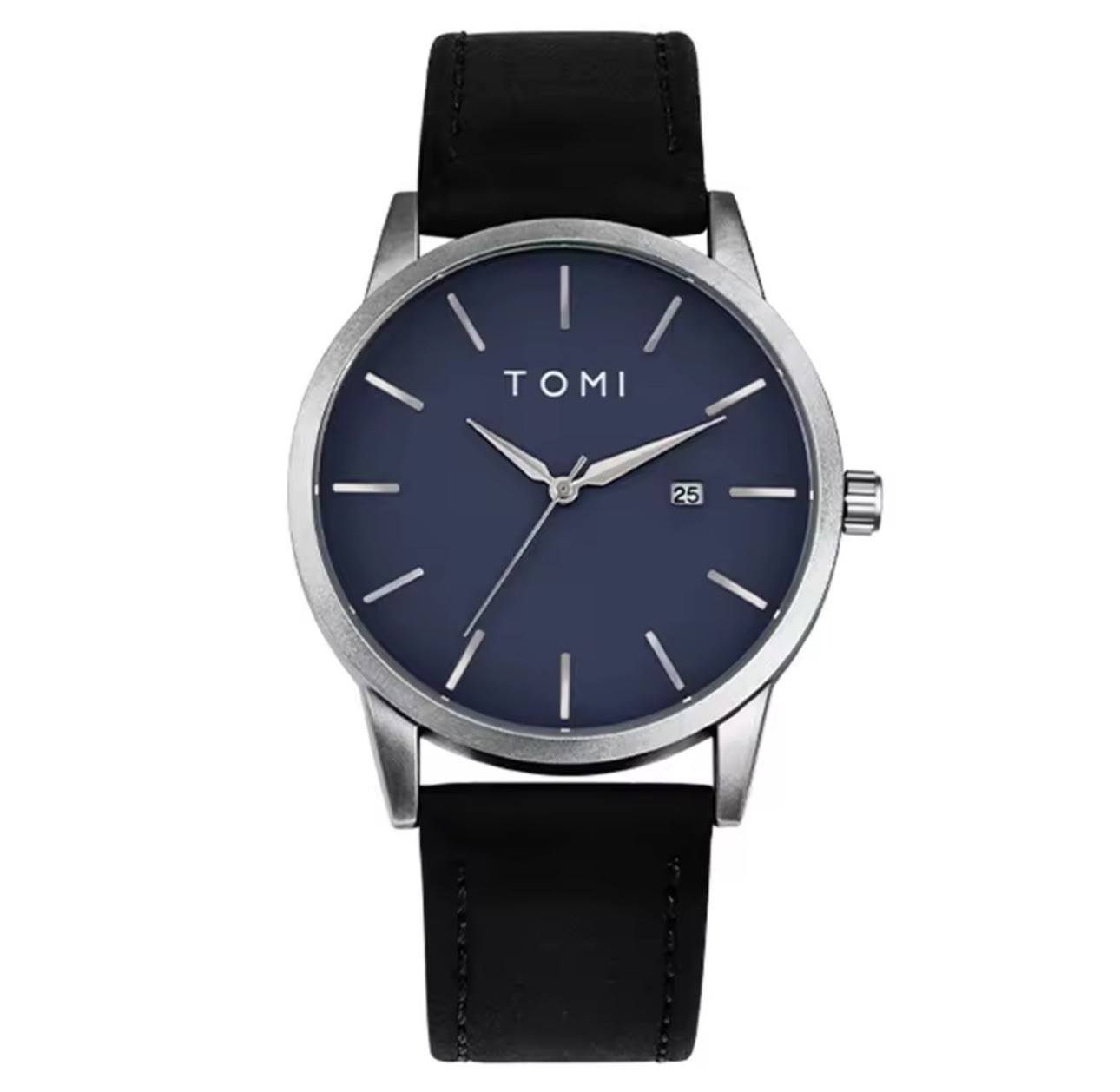 TOMI Men’s Quartz Analog Watch Date Stick Indexes Stainless Steel Leather Strap