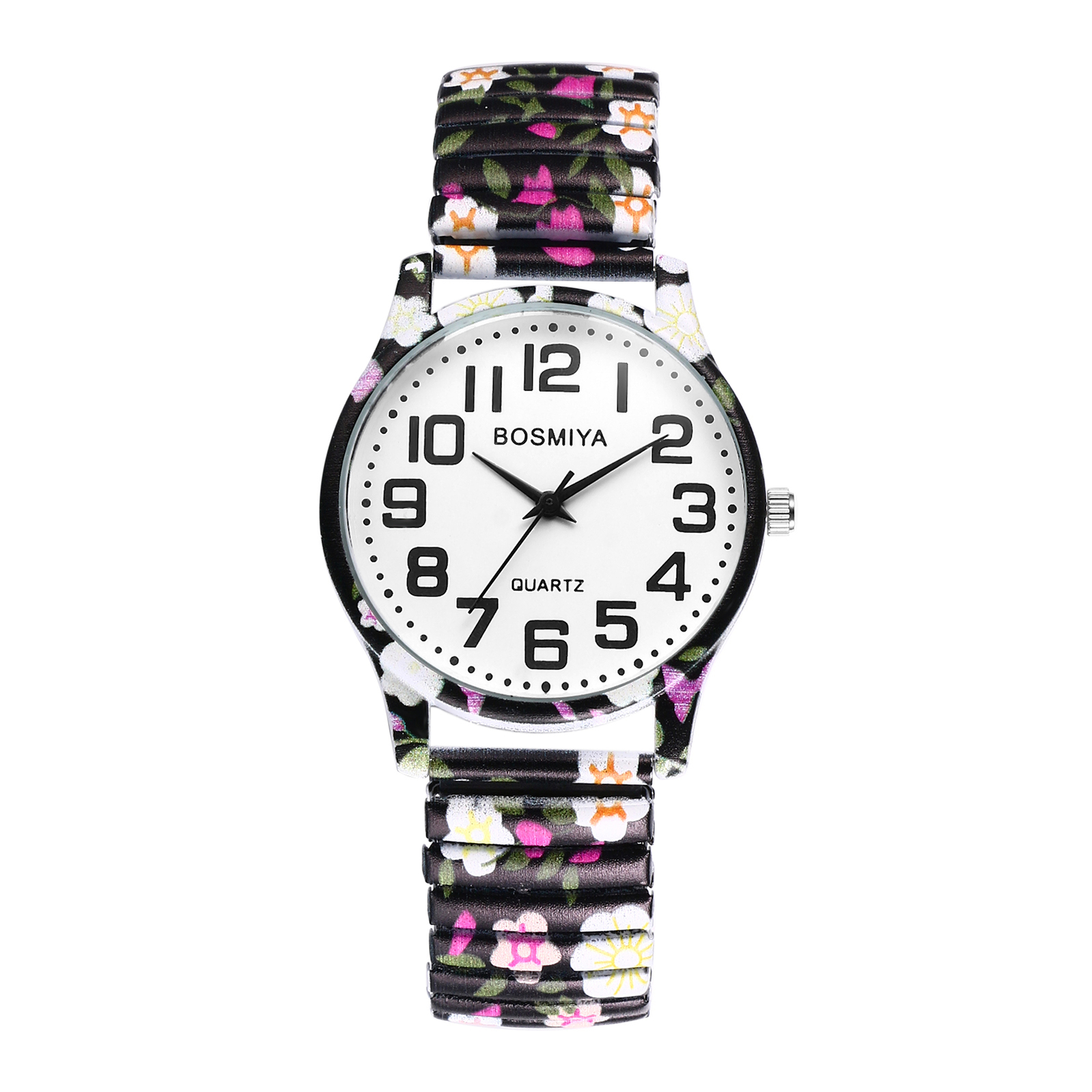 Womens Girls Boho Printed Elastic Band Big Numbers Round Dial Analog Wrist Watch