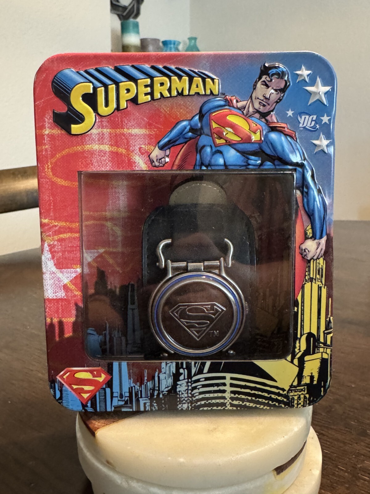 Rare Superman Flip Top Covered Leather Cuff Watch & Decorative Display Tin