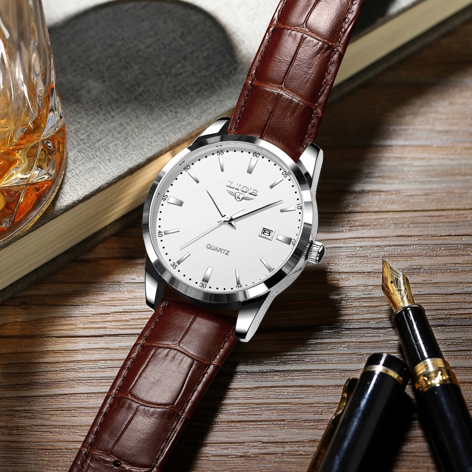 Men Watch Quartz Analog Date Luminous Waterproof Leather Classic Wristwatch +BOX