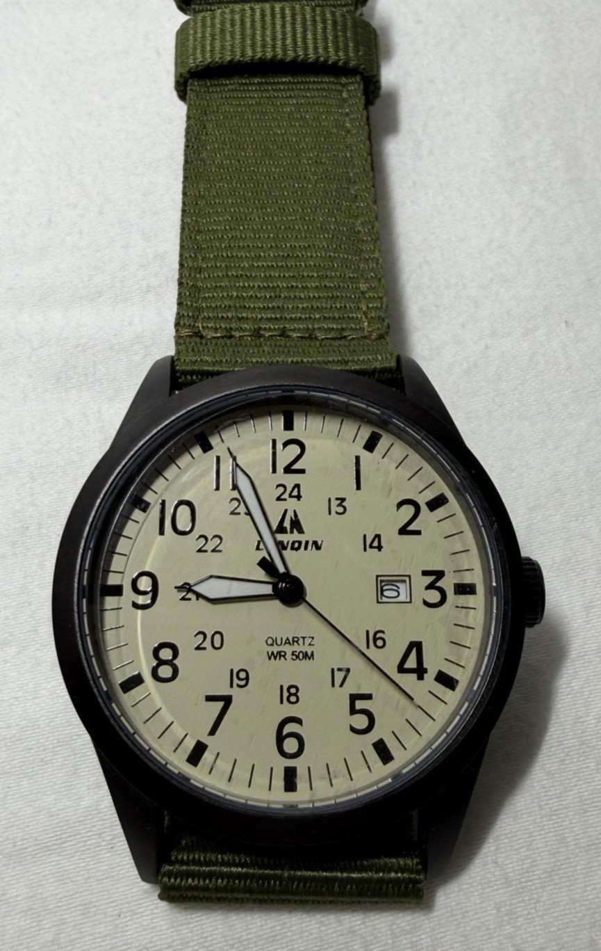 Lenqin Quartz Field Watch 50M WR Black Case Olive Green Strap Quartz 5ATM SS