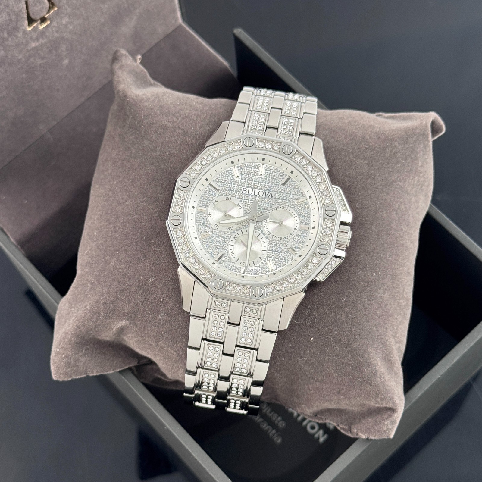 Bulova Men’s Octava Silver Pave Crystal Stainless Steel Quartz Watch 96C134