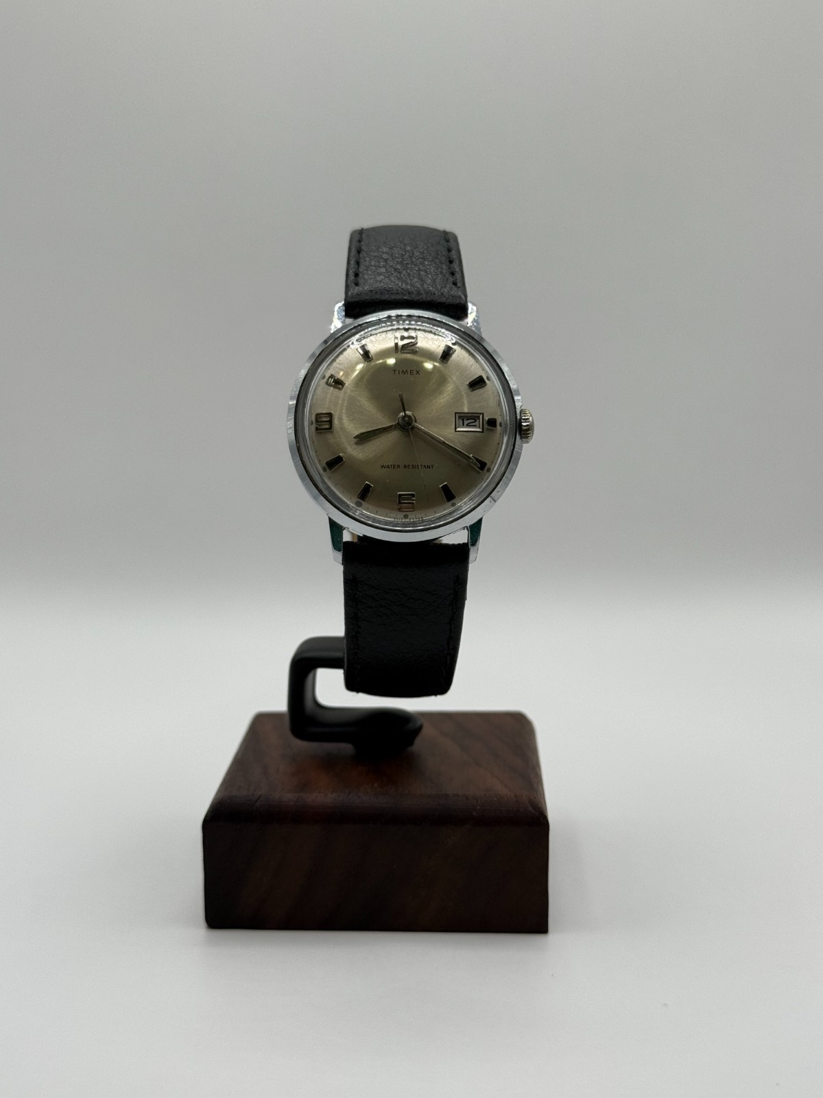 Vintage 1970 Timex Marlin Mechanical Silver Tone Black Leather Serviced