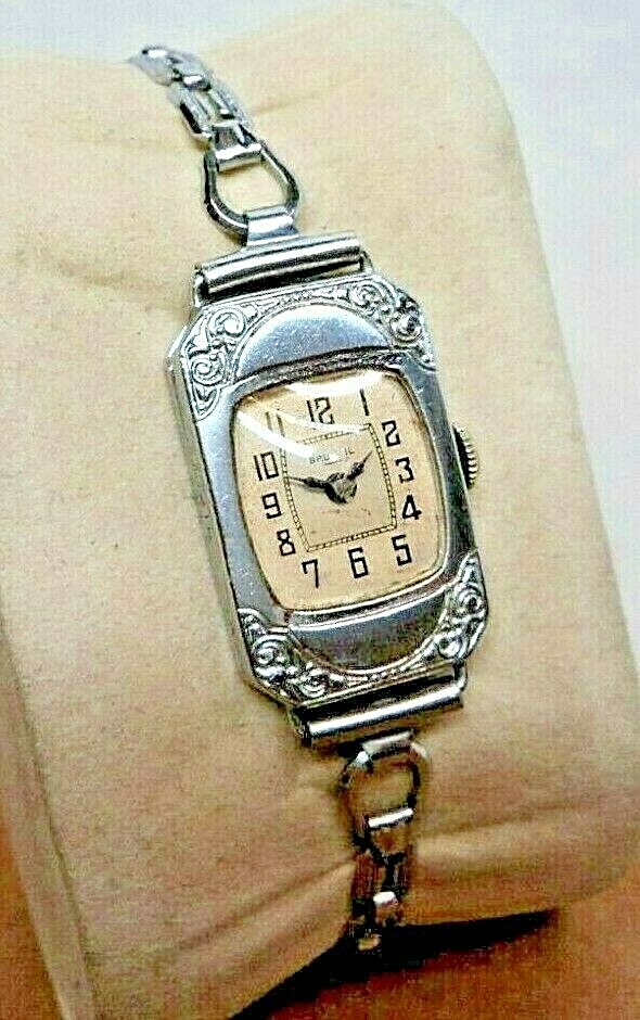1920s BRUNVIL 15J 3Adj. Swiss Engraved White Gold Fill Art Nouveau Womens Watch
