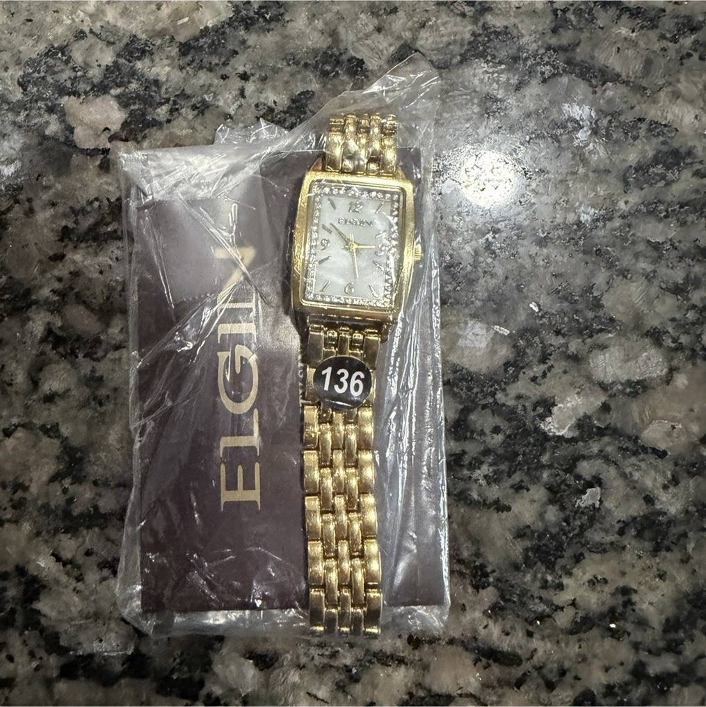 Elgin Women’s Dress Quartz Rectangle Watch White Dial Gold Bracelet