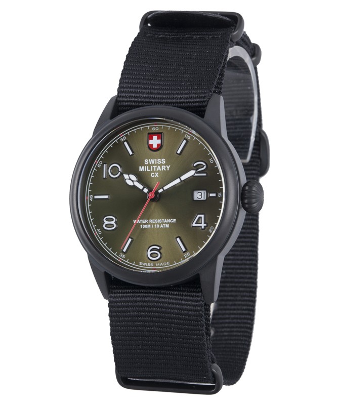 CX Swiss Military SPITFIRE Vintage Watch Swiss Quartz Date 10ATM Green Dial 2869