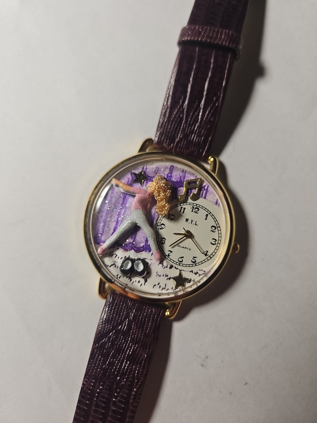 W.Y.L. Ballet Dancer Music Watch Pink Purple Brown Gold Tone Leather Band