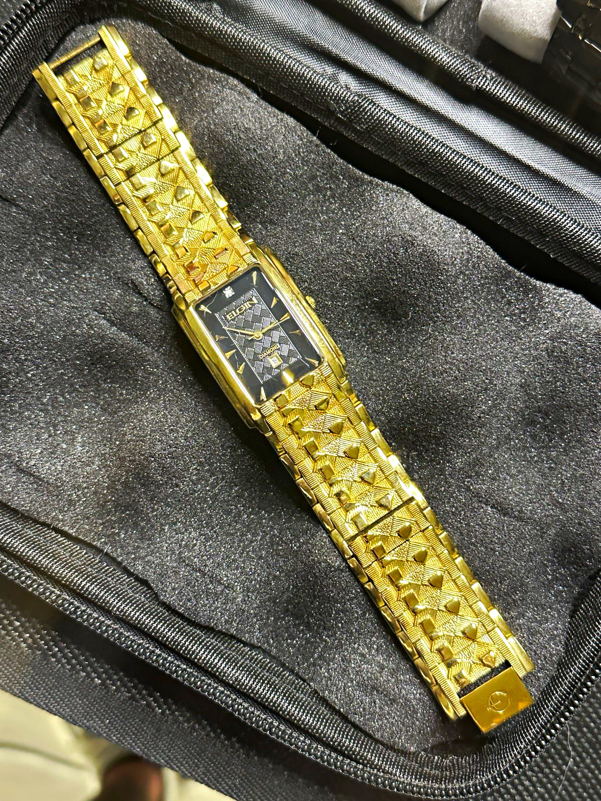 Elgin FG8014 Men’s Quartz Rectangle Watch Black Dial Date Diamond Gold Bracelet