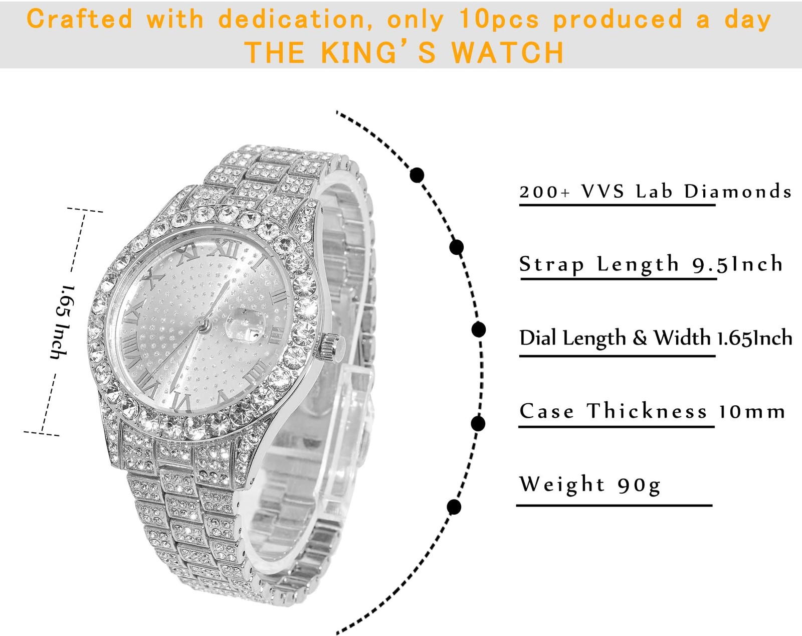 Mens Luxury Diamond Watch Silver Plated Round Dial Quartz Wristband 42MM NEW!