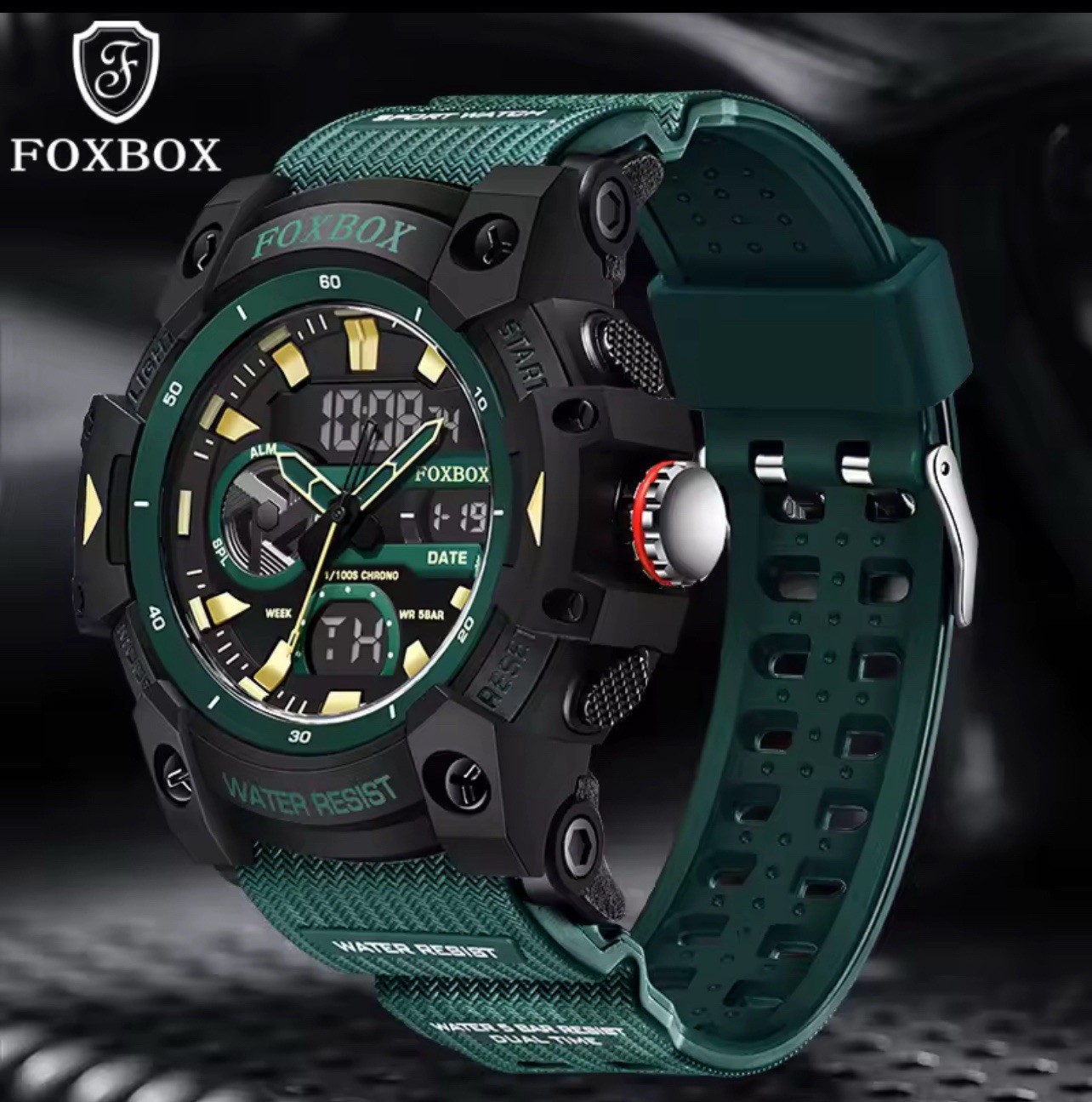 FOXBOX men’s quartz wristwatch green silicone band analog digital water resista…
