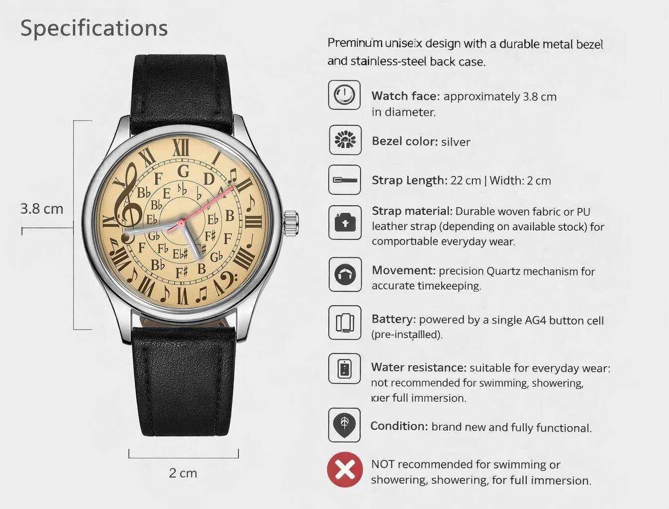 Music Piano Teacher Roman Dial Trendy 38mm Face Wrist Watch