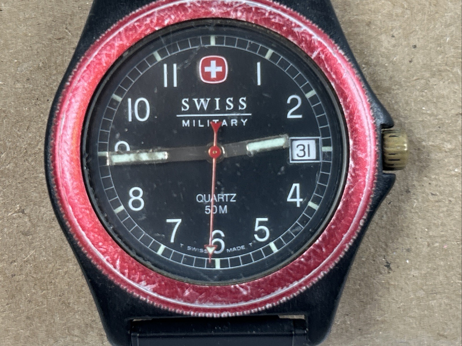 Swiss Military Watch Quartz 50M Red Black Water Resistant 5ATM Needs New Battery