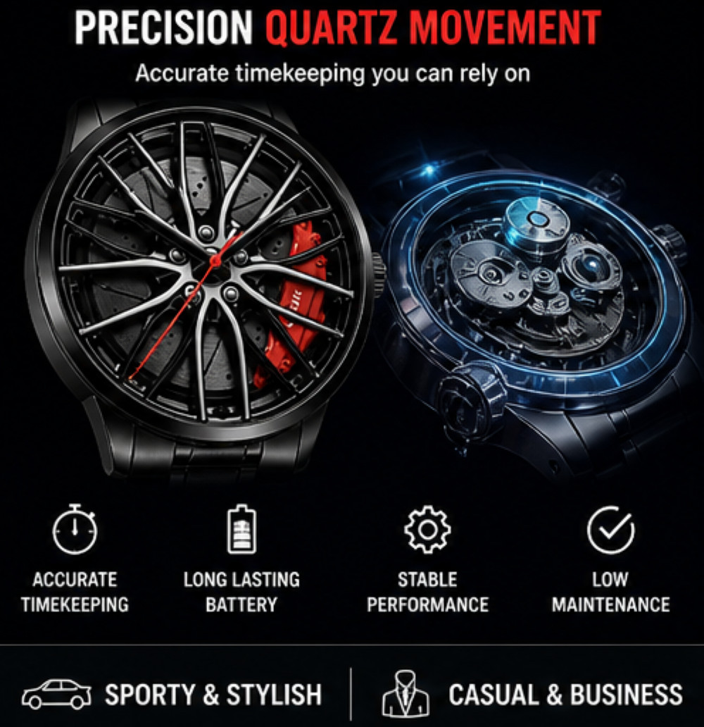 Men’s Sports Car Wheel Design Watch – Stainless Steel Analog Quartz Wrist Watch