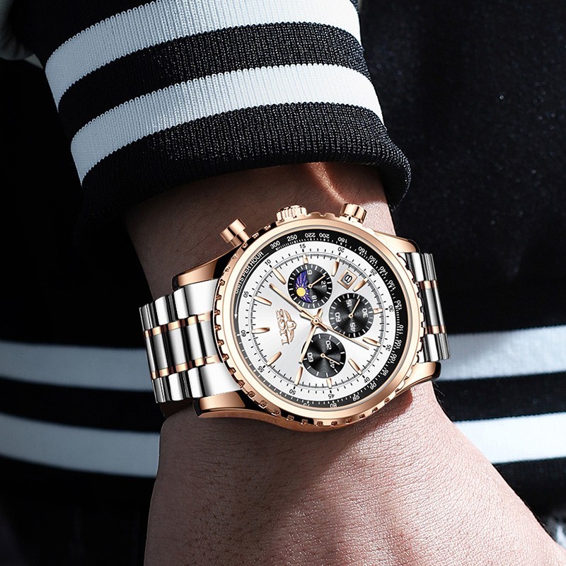 Luxury Men Watch Quartz Date Moon Phase Chronograph Waterproof Sport Wristwatch