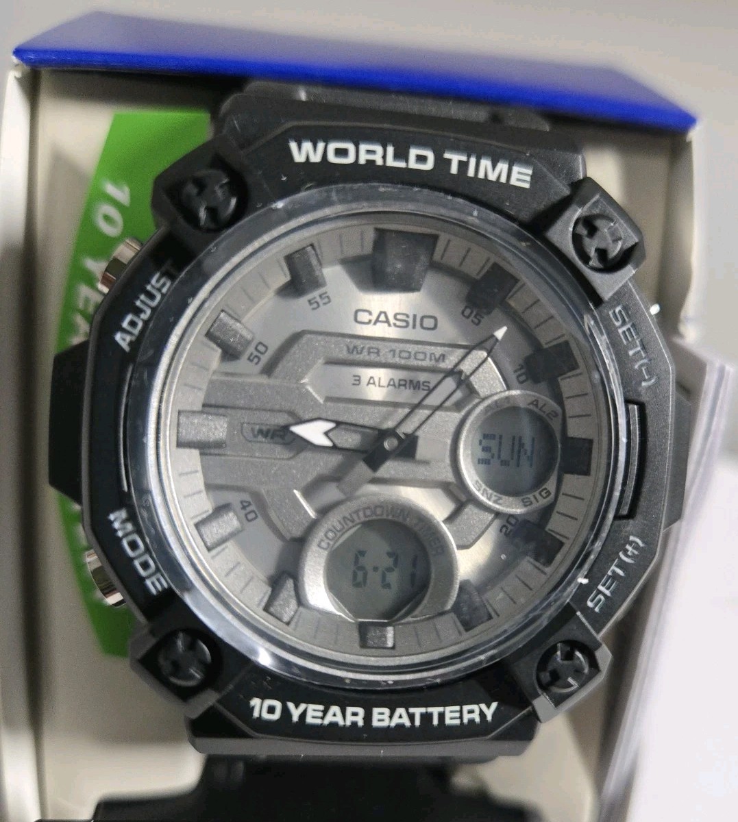 Casio AEQ120W-7AV, Digital/Analog, 3 Alarms, 10 Year Battery, Resin, World Time