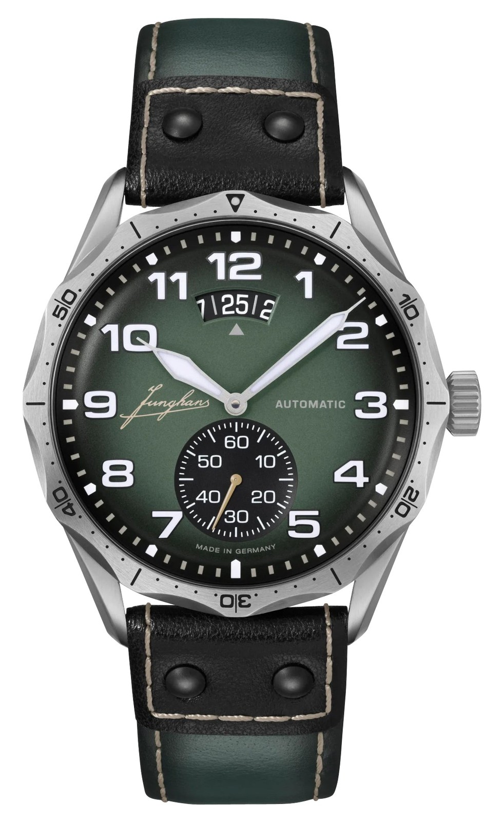Junghans Pilot Automatic Steel Green Dial Black Leather Mens Watch 27/4495.00