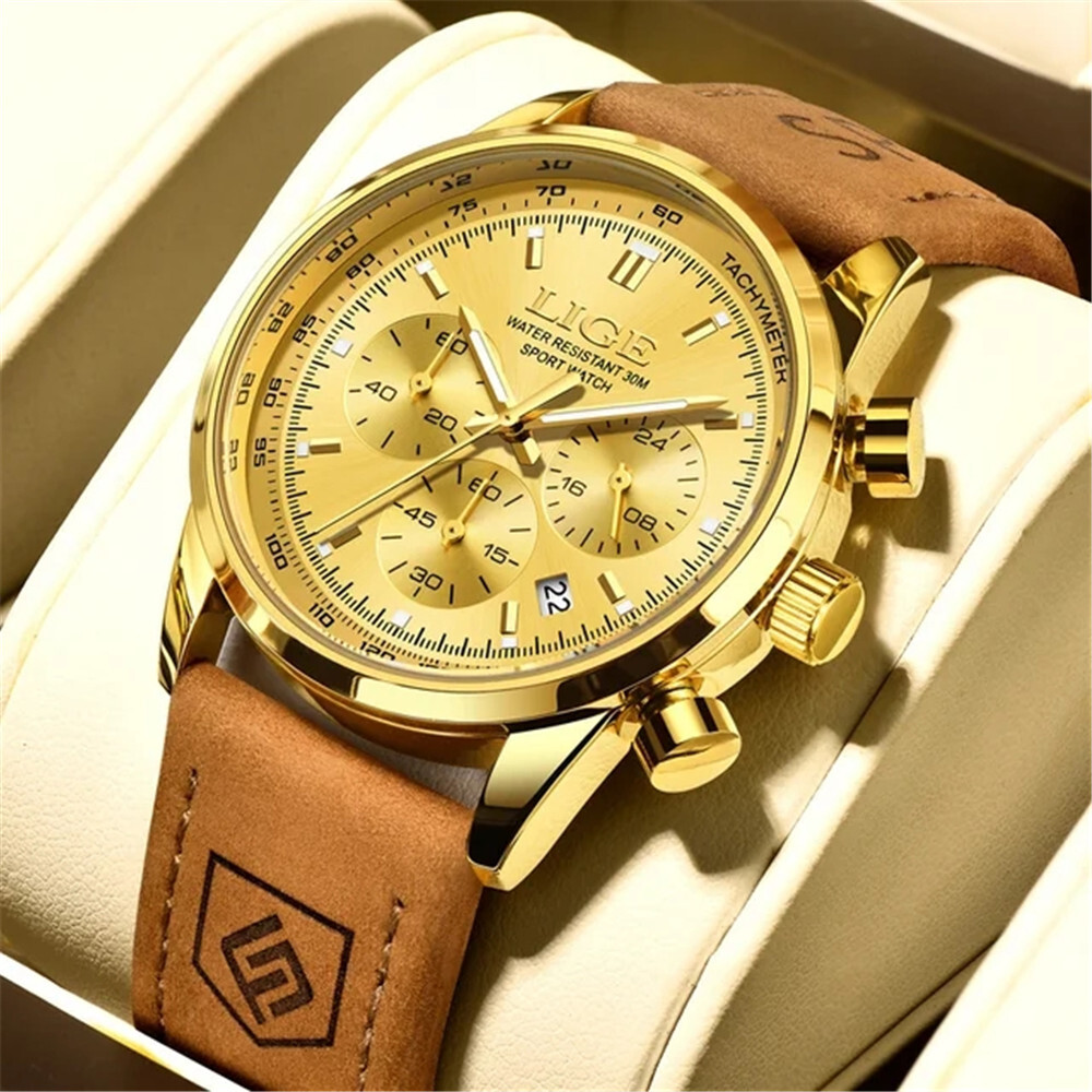 LIGE Men Watch Top Brand Luxury Military Leather Wristwatch Male Calendar Watch