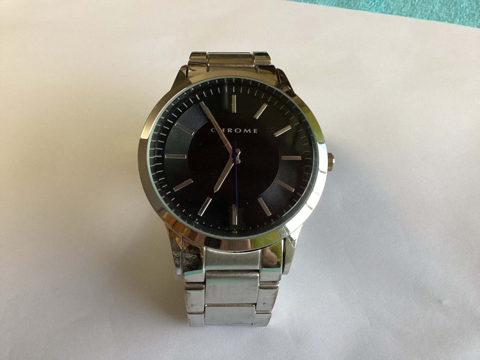 Chrome Mens Watch 42mm Silver Tone Black , Dial Stainless Steel w New Battery