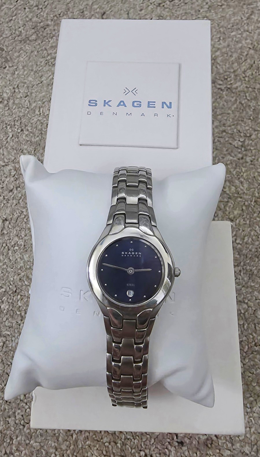 Skagen Women’s Quartz Blue Dial Date Silver Steel Bracelet Watch w/ Box