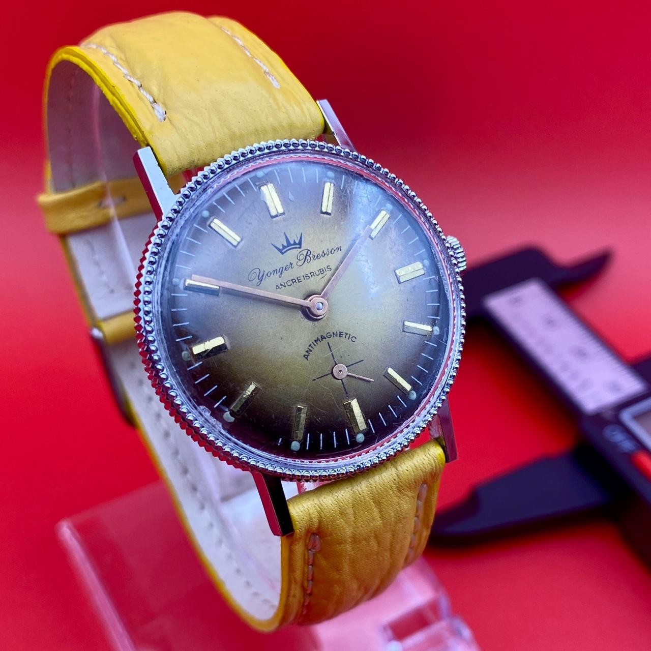 Vintage Yonger Bresson Watch Mens Manual WindSmall Second Gold Dial Yellow Strap