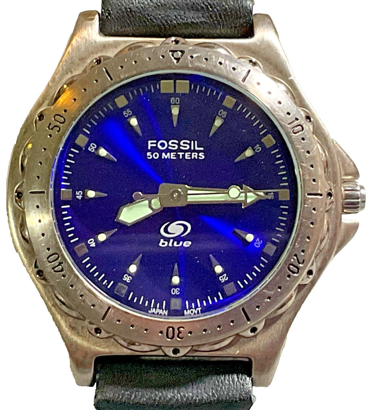 FOSSIL BLUE VINTAGE AM-3134 MENS 41mm WATCH BLUE DIAL NEW BATTERY