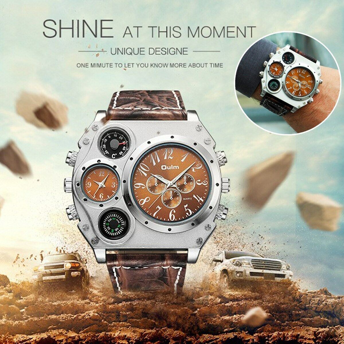 Two Time Zones Men Army Sports Fashion Big Dial Leather Strap Quartz Wrist Watch