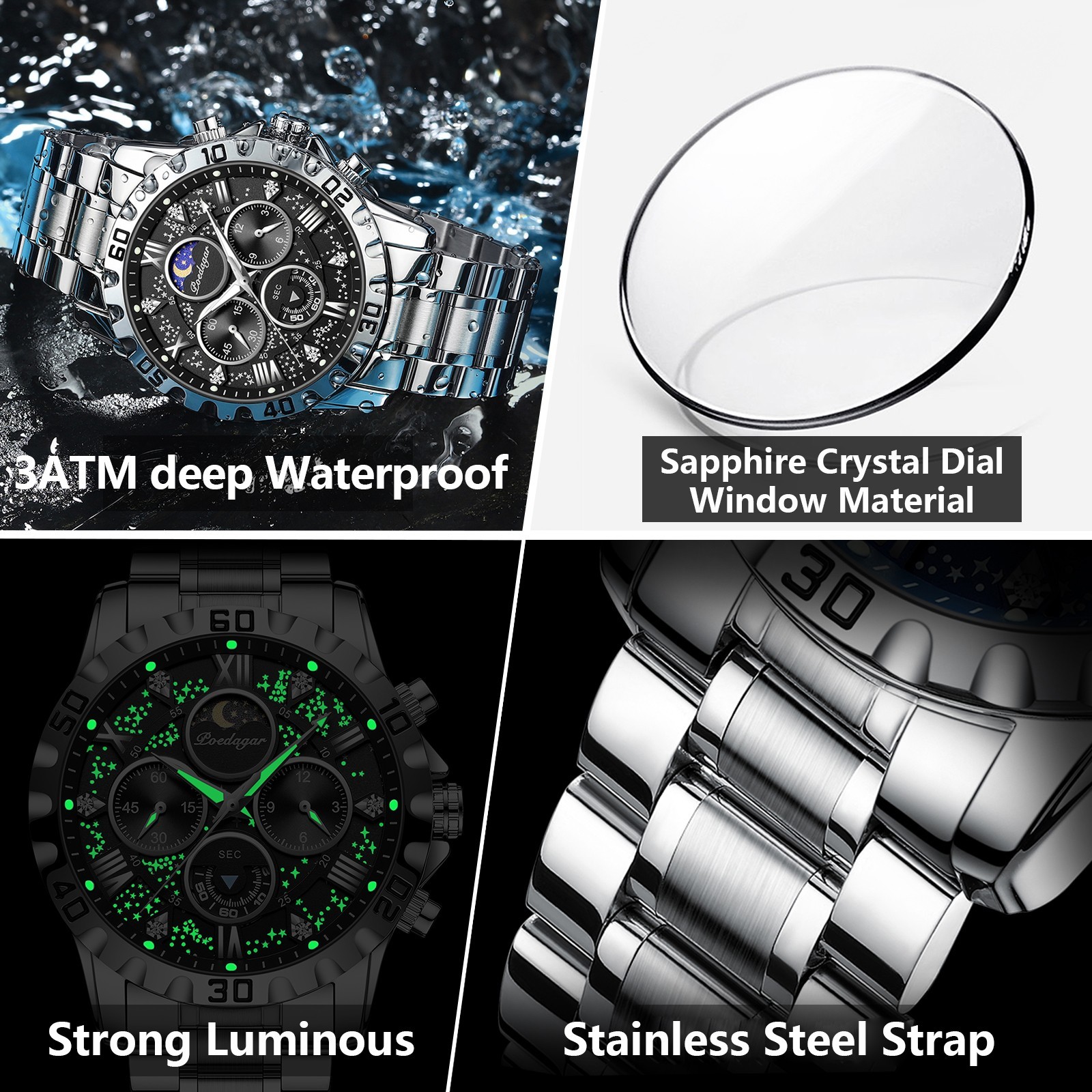 POEDAGAR Luxury Men’s Quartz Watch 3ATM Luminous Stainless-Steel Chronograph