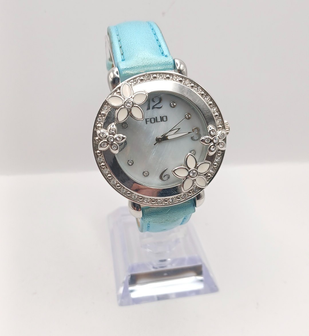 Women’s Folio Fashion Watch – Floral Dial with Rhinestones / Blue Strap