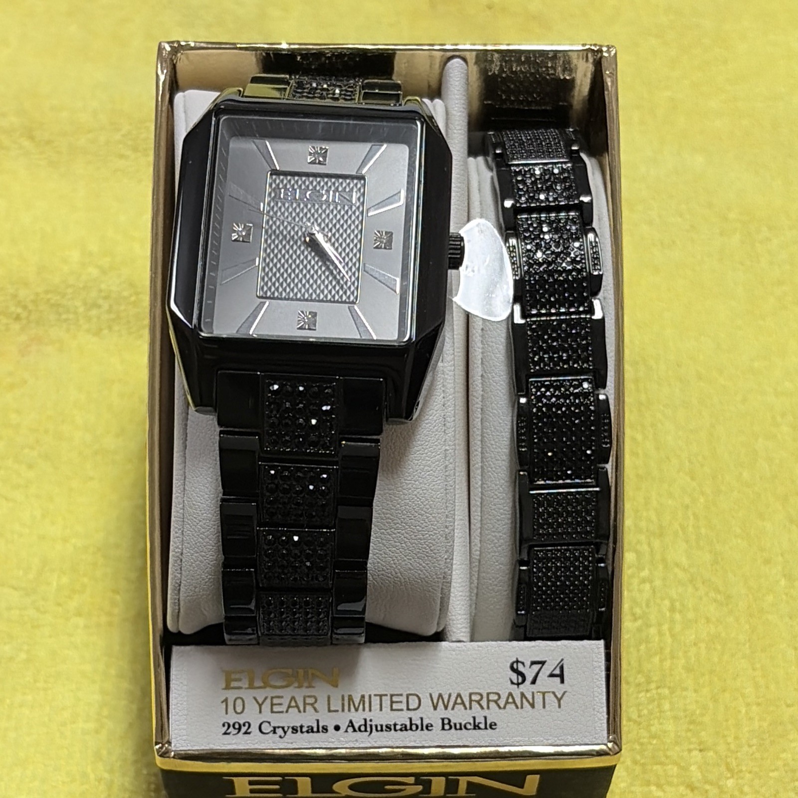 Elgin FG160044ST Men’s Gunmetal Analog Watch & Bracelet Gift Set Pave Style