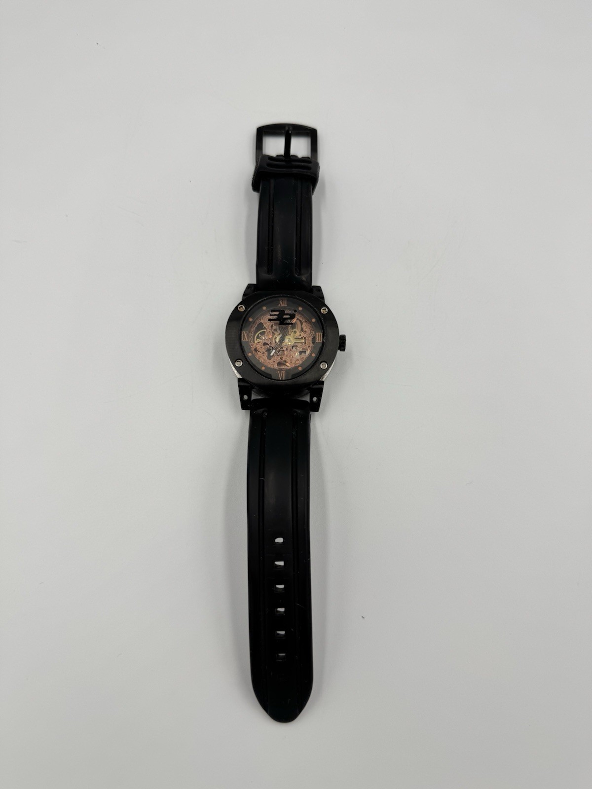 32 DEGREES Automatic Movement Floating Goldtone Skeleton Dial W44mm Black Good C