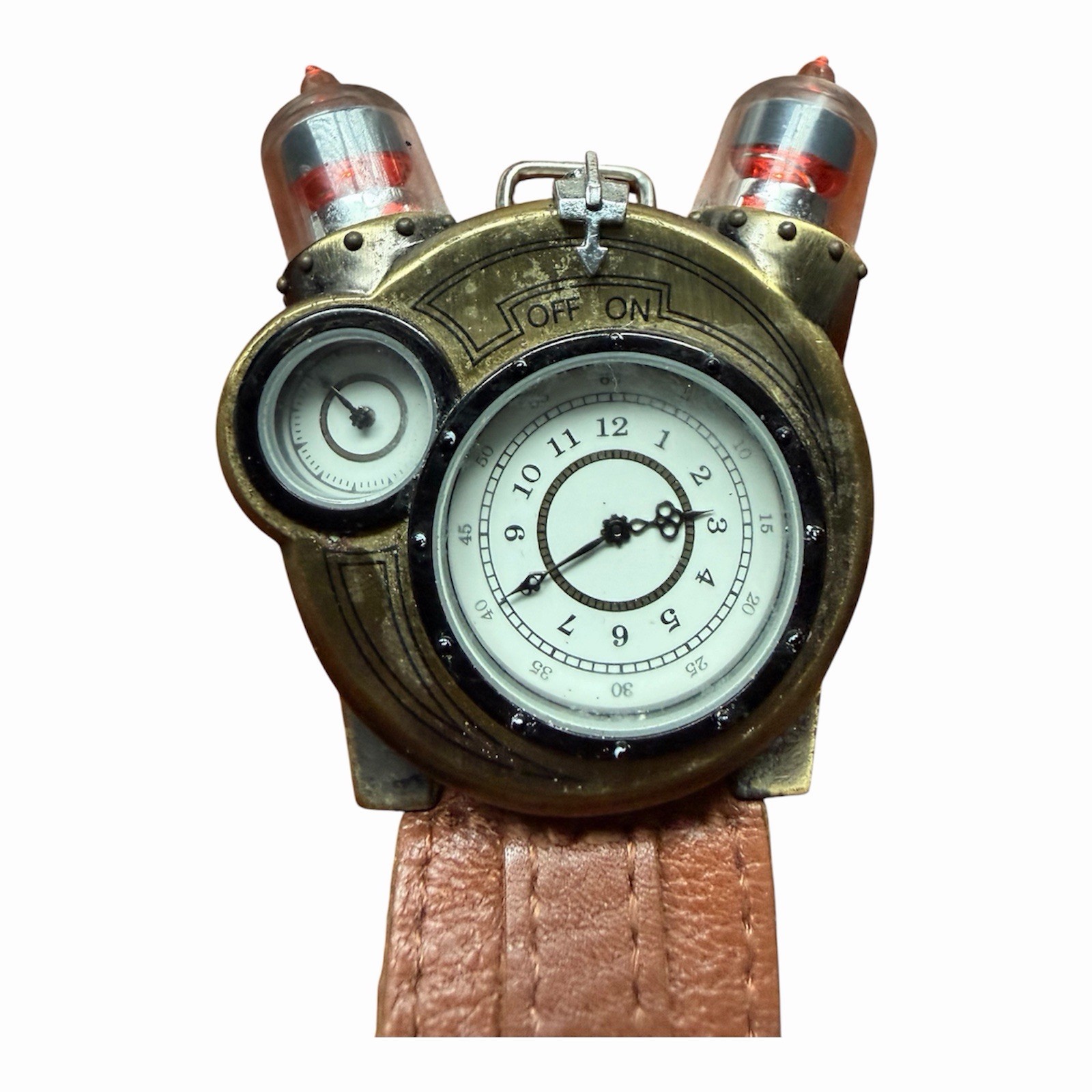 ThinkGeek Steampunk Tesla Analog Watch Leather Strap W/ Key Stainless Steel Case