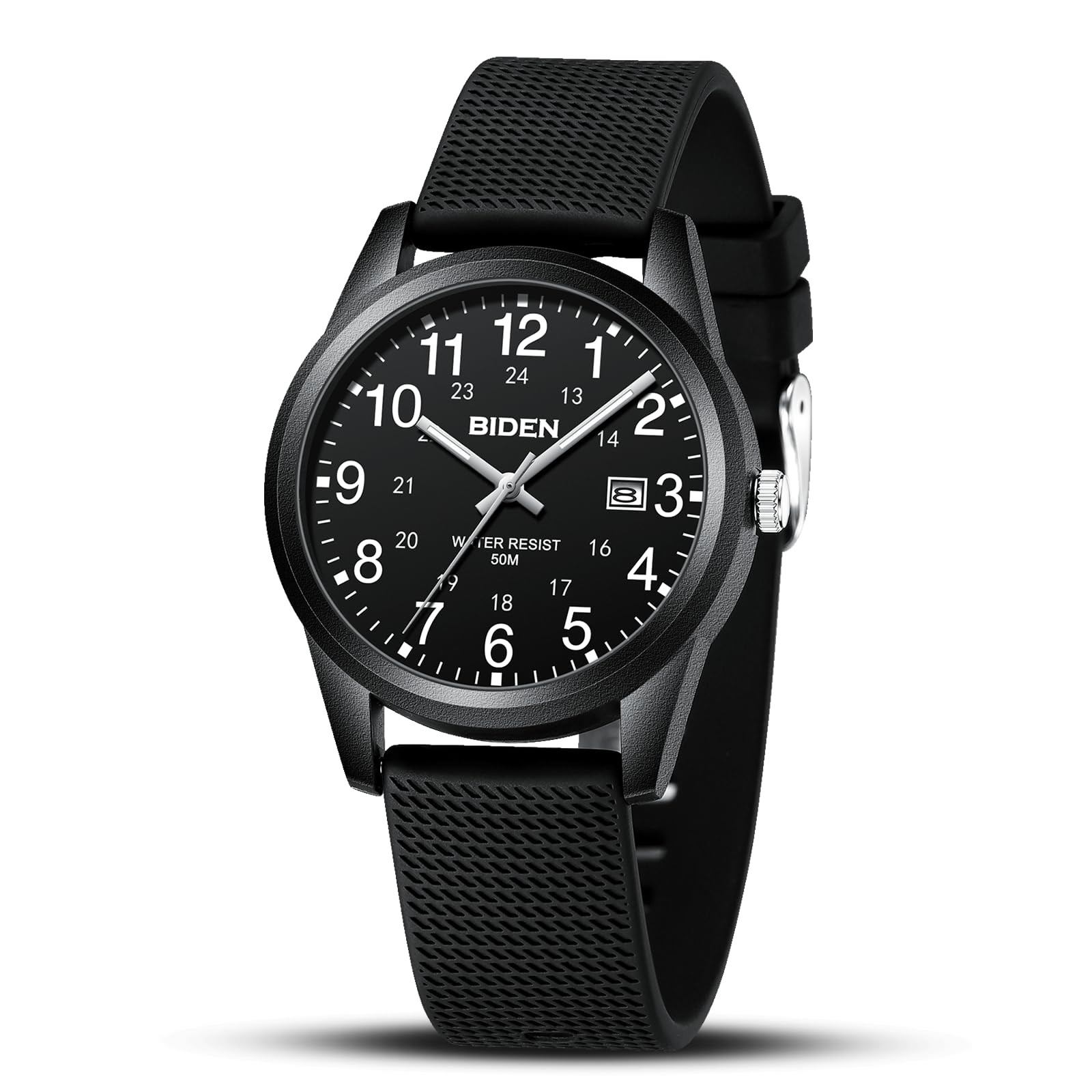 Military Analog Watch 12/24hr Silicone Strap Waterproof Glow 40mm Quartz – Black