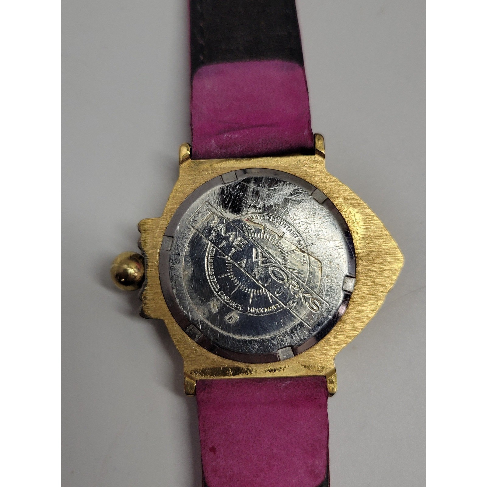 Time Works Vintage Fish Shaped Watch Titanium Quartz Pink Leather Strap Purple