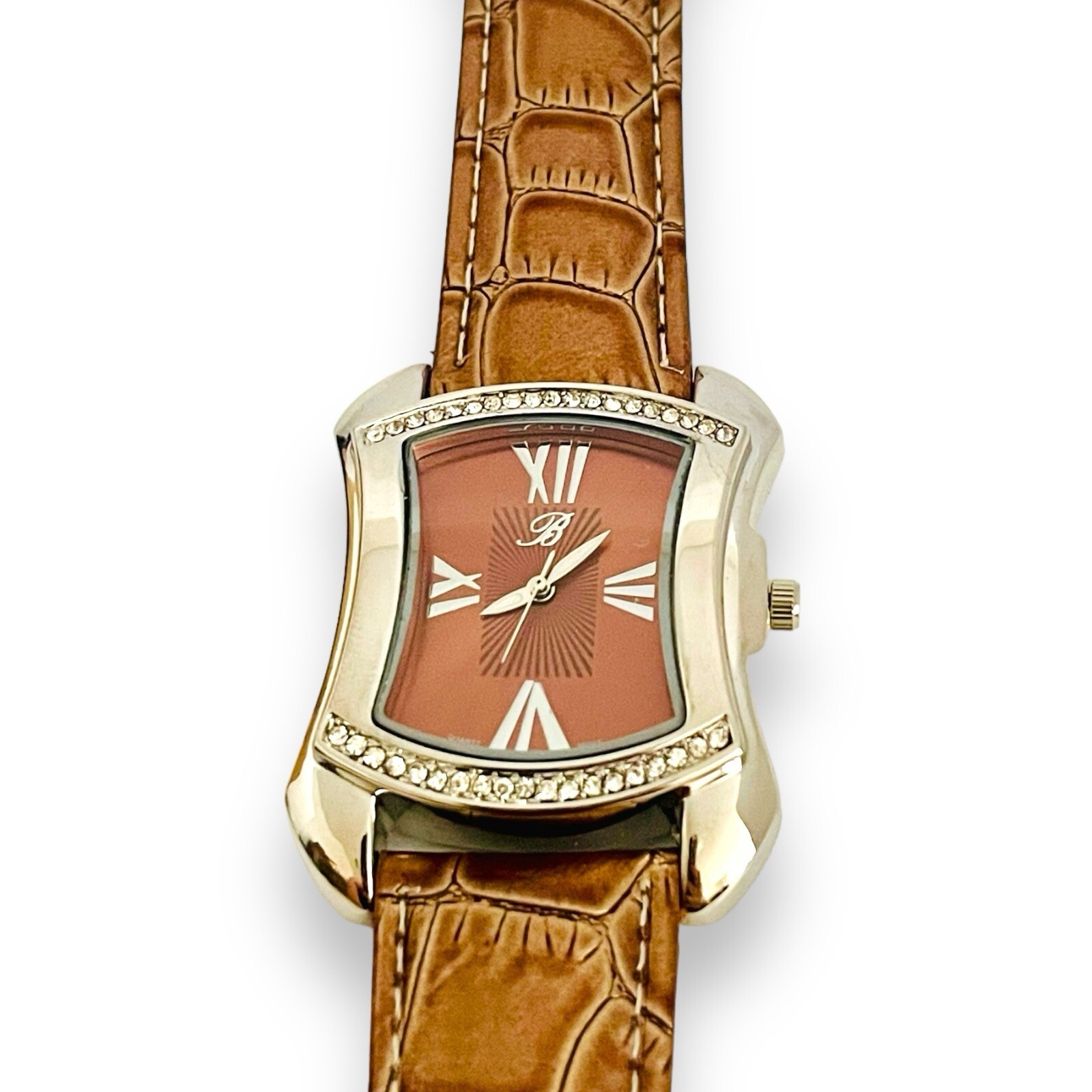 Women’s BURGI Watch Rhinestone Croc Emboss Leather Quartz Wrist Watch