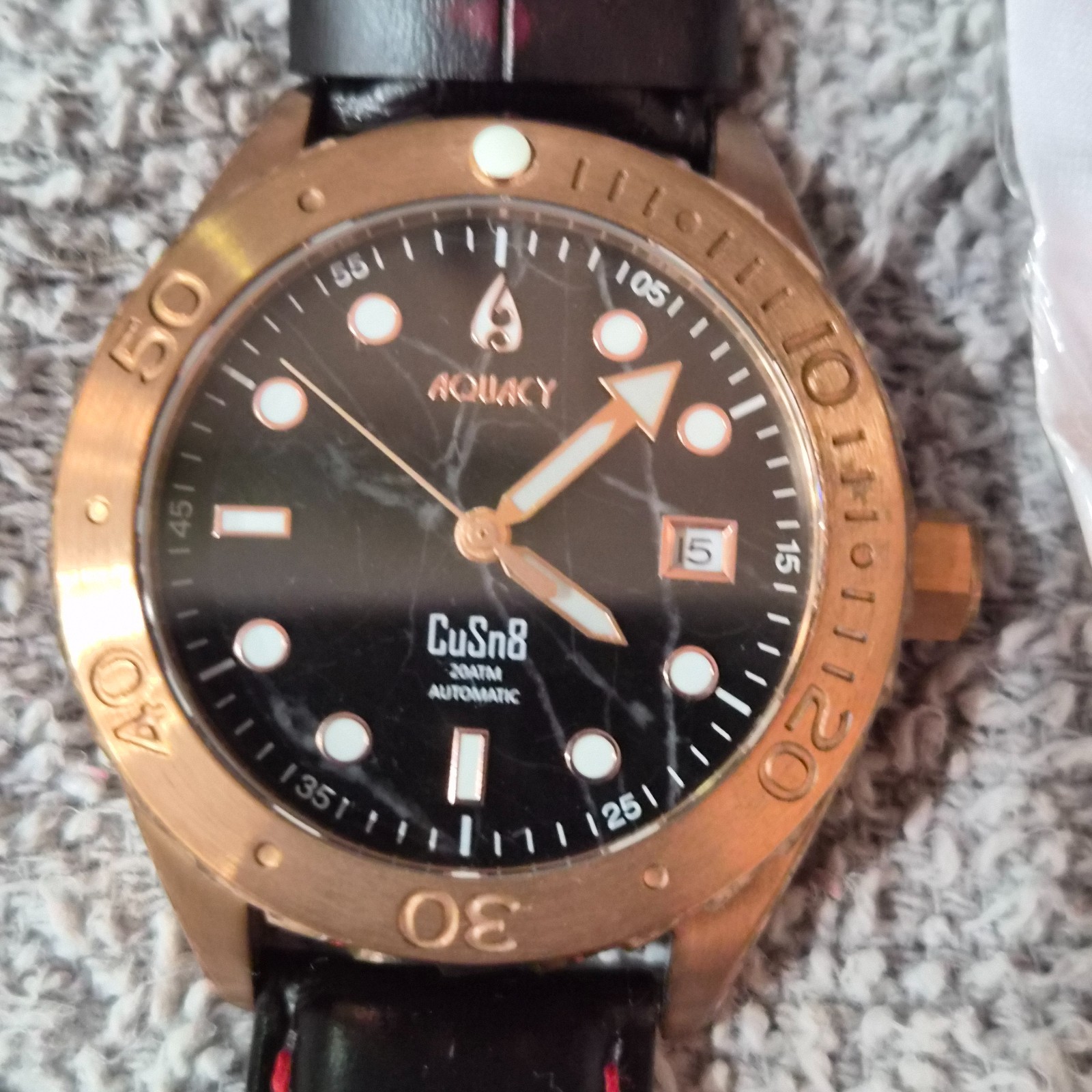 AQUACY bronze watch with black marble dial. Original leather strap. Never worn.
