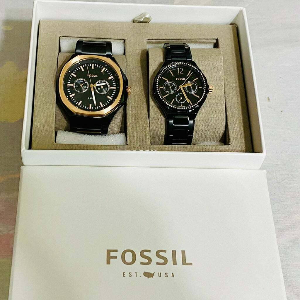Fossil BQ2645SET Black Rose Day & Date Stainless Steel 5ATM Couples Watch Set