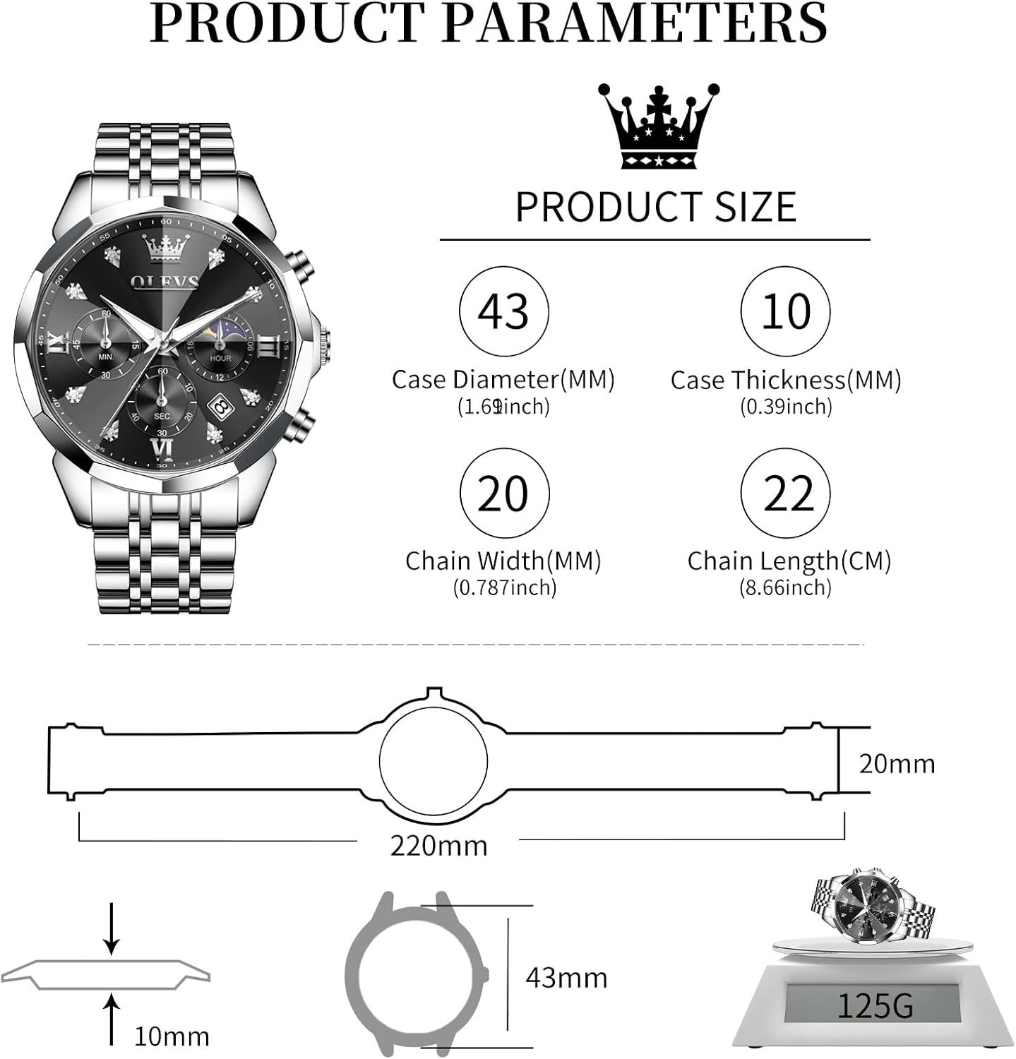 Elegant Silver & Black Men’s Watch with Diamond Accents – Business Dress Style