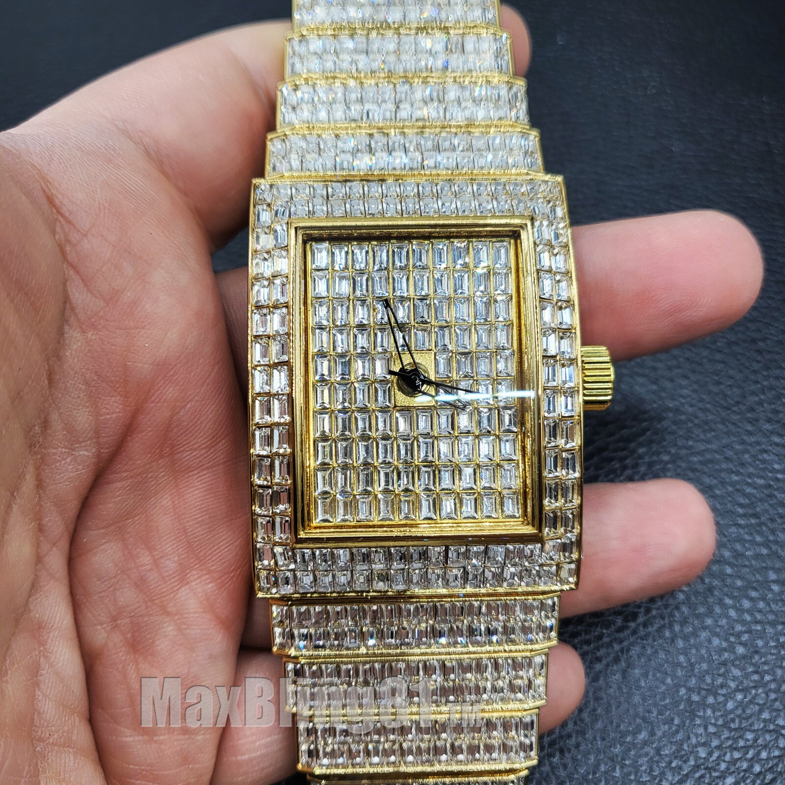 Men Full Iced Baguette Simulated Diamond Gold Silver Finish Hip Hop Metal Watch