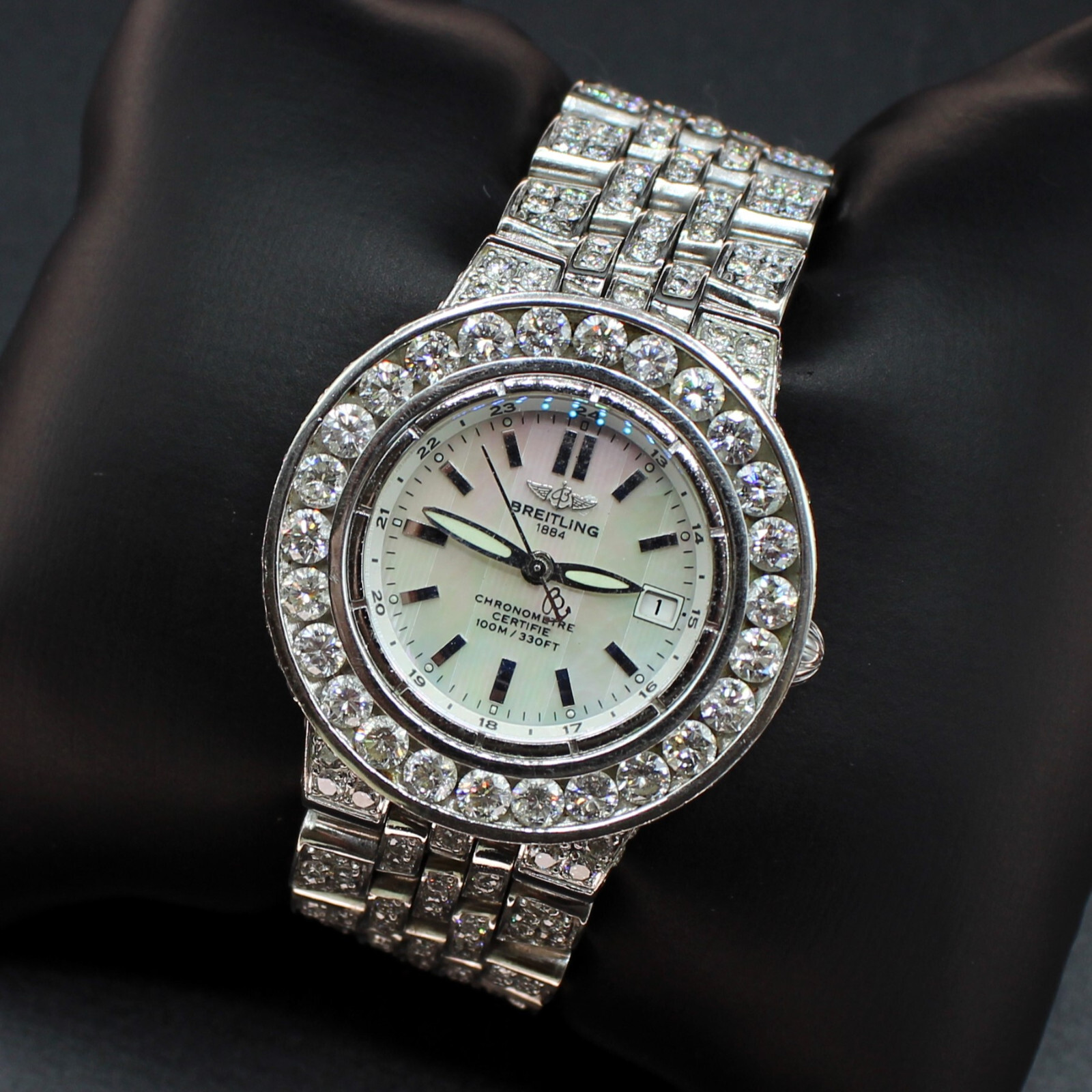 21 CARAT BUST DOWN BREITLING STARLINER WHITE MOTHER OF PEARL DIAL DIAMOND WATCH!