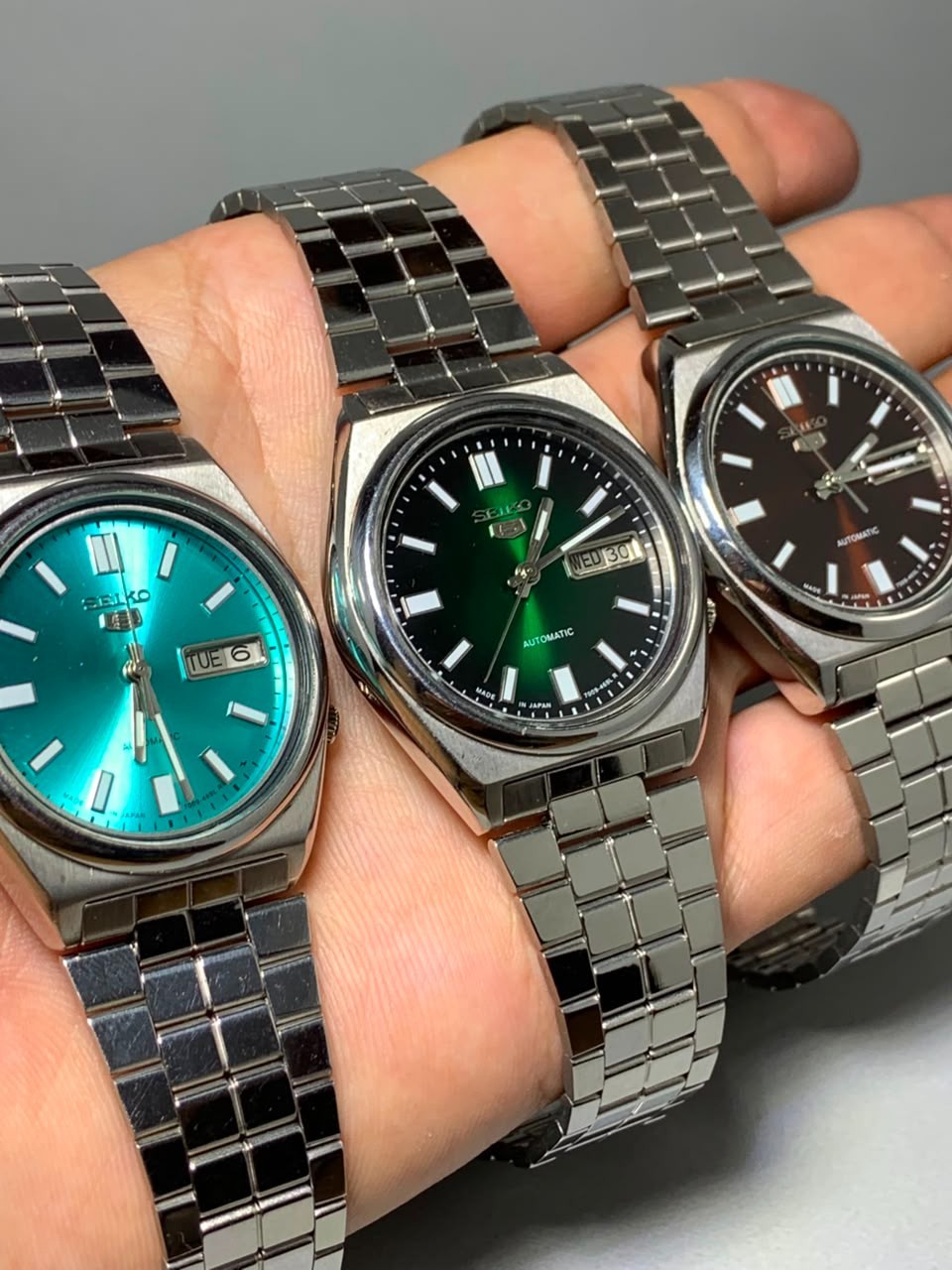 Vintage Seiko 5 Automatic Lot of 3 Tiffany Blue Maroon Green Dial Watches