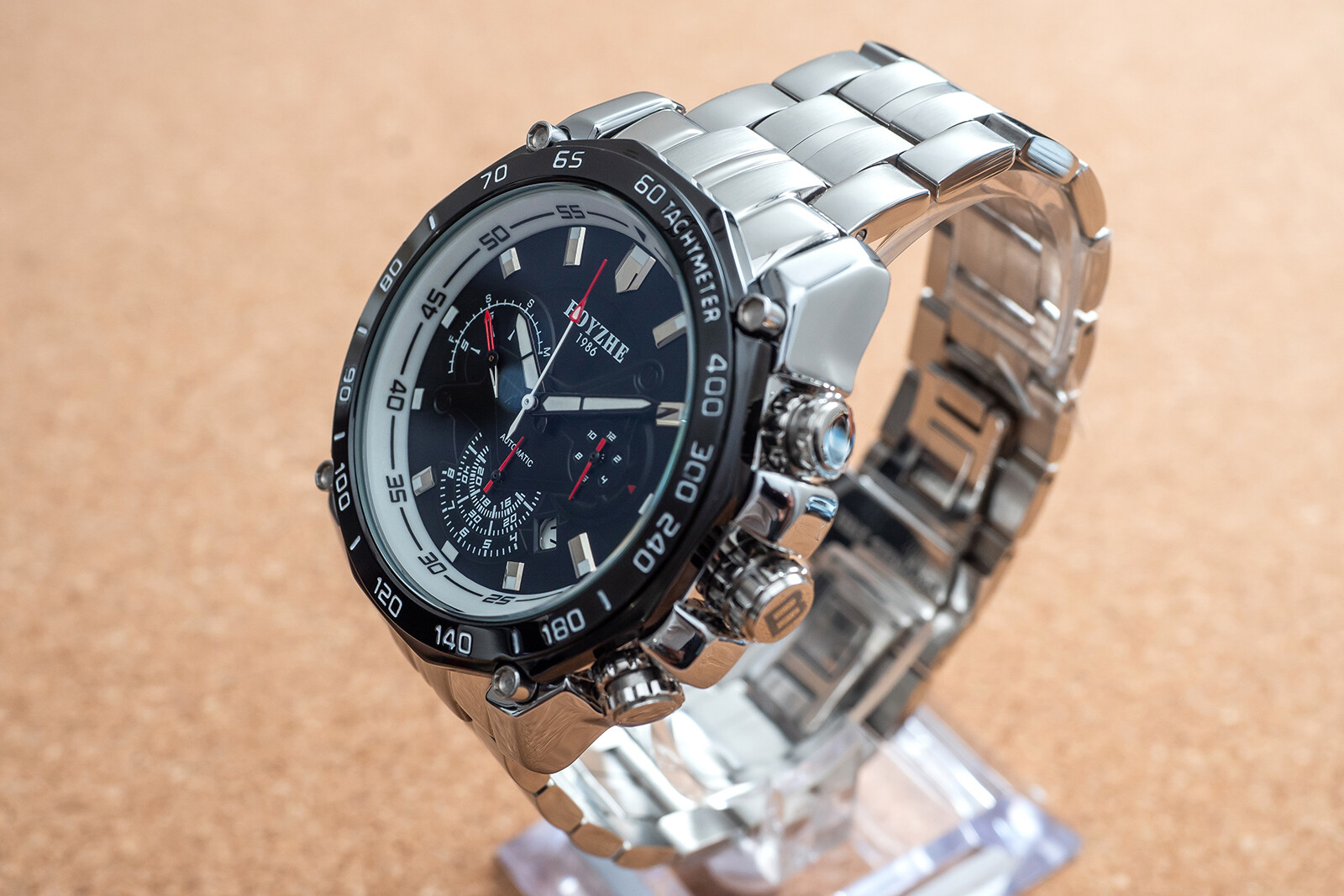 Mens Silver Chrome Black Automatic Mechanical Watch Luminous Stainless Steel