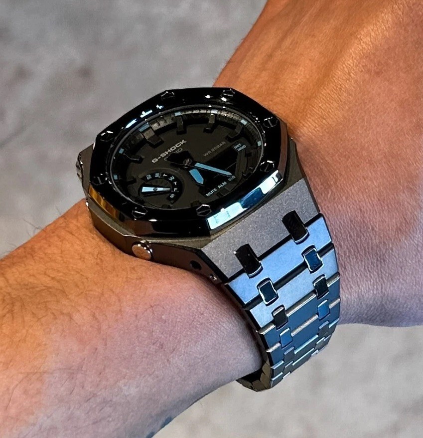 New Custom GShock GA2100 Casioak Stainless Steel Bracelet Gift – All black