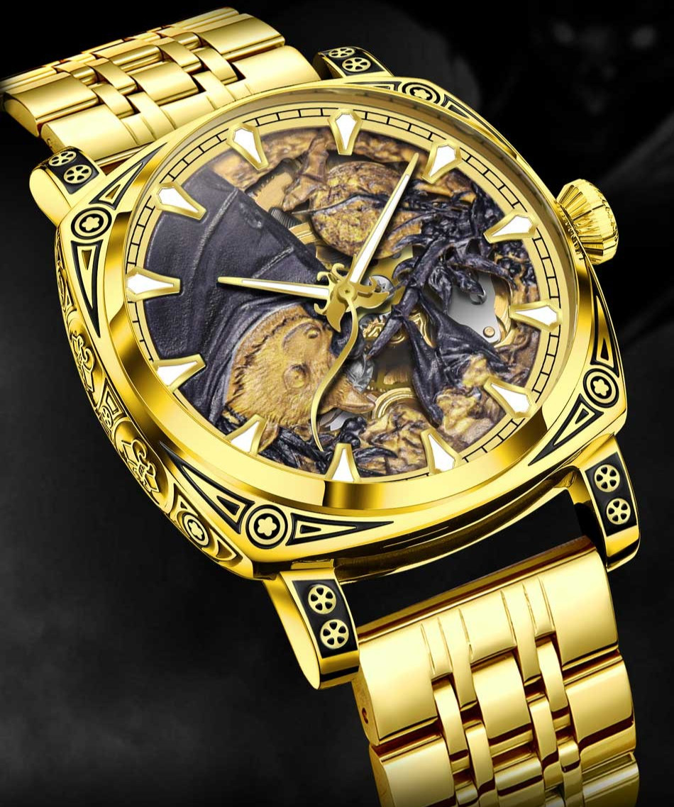 GLENAW Men’s Luxury Mechanical Watch with Skull Art Relief Dial Fashion Casual